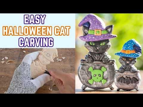 How to Carve a Cute Halloween Cat - Halloween Witch Cat in a Cauldron Carving Tutorial Step by Step